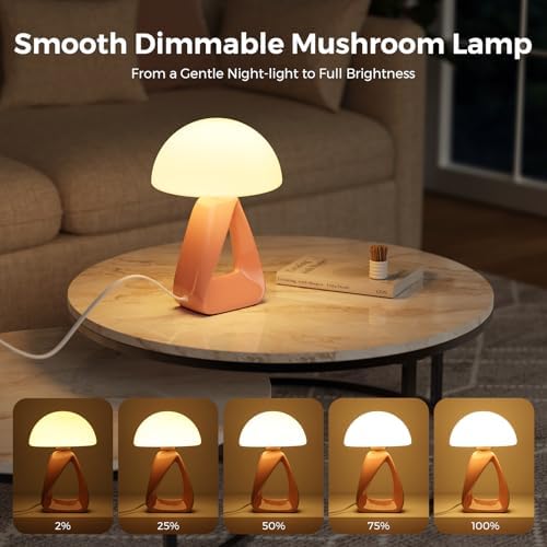 Mushroom Lamp, Small Table Lamp for Bedroom, Creative Geometric Ceramic Base Bedside Lamp, Mid Century Modern Side Table Lamp for Living Room Nightstand, Unique Aesthetic Home Decor Gift Ideas, Pink - Image 3