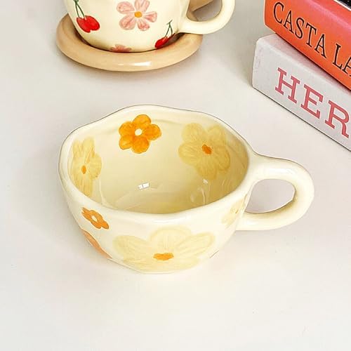 Creative Cute Coffee Mug Floral Ceramic Coffee Mug Flower Cute Cup for Women Girl 8.5oz Handmade Hot Chocolate Mugs for Latte Milk Tea Valentine’s Day Mother’s Day Birthday Christmas Gift(Orange) by KOUHTIKA