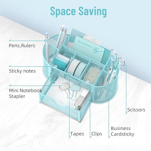 Mesh Desk Organizer with Drawer, 9-Compartment Pen Holder for Desk, Blue - Image 3