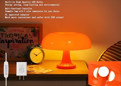 Orange Mushroom Lamp Dimmable Mushroom Table Lamp with 3 Lighting Modes Plug Donut 70s Retro Mid Century Lamp for Room Aesthetic Modern Lighting for Bedroom Living Room Home Decor & Gifts - Image 4