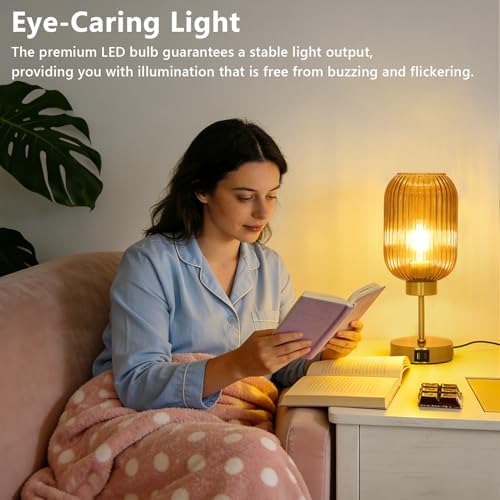 Vintage Gold Table Lamps Set of 2 Touch Control, Small Desk Lamp with Amber Glass Shade, Bulb, Charging Port, Mid Century Modern Bedside Lamp, 3 Way Dimmable Nightstand Lamp for Bedroom Living Room - Image 4