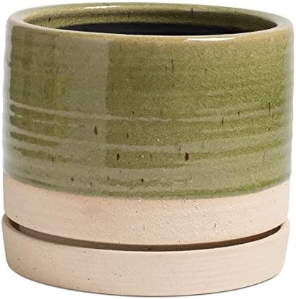 HERDUK 8 Inch Pots for Plants, Ceramic Planter Pot with Drainage Hole & Saucer, Indoor/Outdoor Cylinder Round Planter Pot, Green & Beige by Herduk
