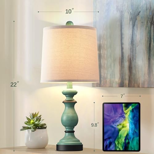 PARTPHONER Traditional Table Lamp Set of 2, Rustic Farmhouse Table Lamps for Living Room Bedroom, 22" Bedside Desk Lamps Vintage Nightstand Lamps with Linen Shades, Green - Image 4