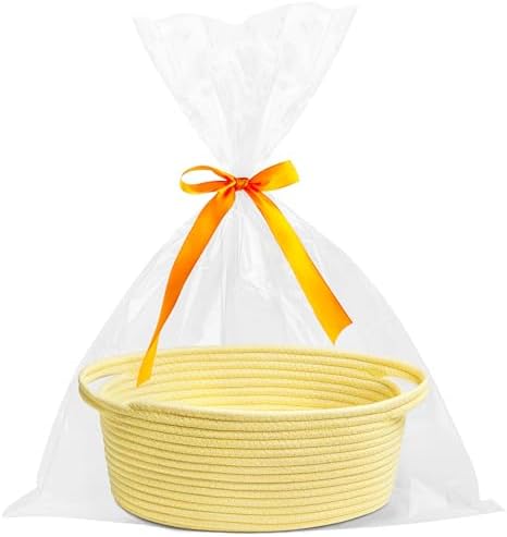 Pro Goleem Small Woven Basket with Gift Bags and Ribbons Durable Baskets for Gifts Empty Small Rope Basket for Storage 12"X 8" X 5" Baby Toy Basket with Handles, Yellow by ProGoleem