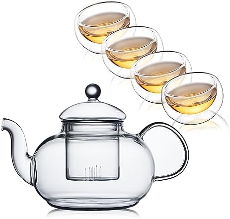 CNGLASS Glass Teapot Set,20oz Clear Tea Pot with 4 Double Wall Teacups,Stovetop Safe Tea Kettle,Blooming Loose Leaf Tea Maker Gift,Microwave Dishwasher Safe by CNGLASS