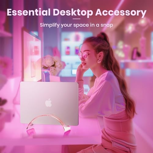 Acrylic Vertical Laptop Stand for Desk,Acrylic Invisible Desktop Notebook Dock,Vertical Laptop Holder Space-Saving Organizer for All MacBook, Surface, Samsung, HP, Dell-Pink… - Image 6