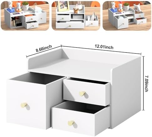 Bamboo Desk Organizer with Drawers,Wooden Desktop Storage (3 Drawer,White) - Image 2