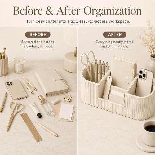 KINGFOM Faux Leather Desk Organizer, Office Desk Accessories Organizer with 4 Compartments, Modern Vanity Organizer for Pens, Makeup Brushes, Office Supplies, Remote Controls, Desk Decor for Home - Image 6