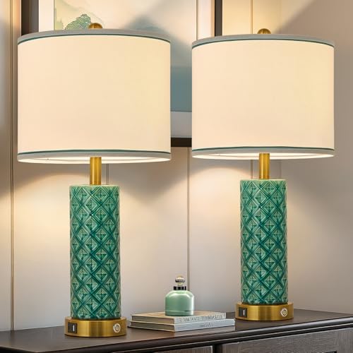 Set of 2 Table Lamp for Living Room Bedroom Farmhouse,26'' Touch Control Bedroom Turquoise Ceramic Lamps 3-Way Dimmable Bedside Lamps with USB A+C Ports Linen Shade for Home by Illuminatingyoumeandhim