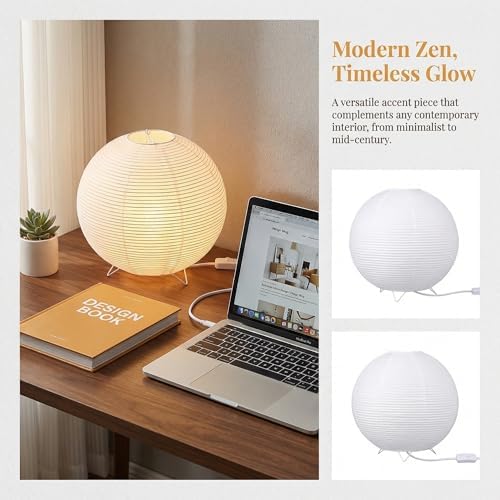 Totority Modern Paper Table Lamp, Japanese Lantern Style Bedside Night Light for Bedroom & Living Room, Minimalist Rice Paper Desk Lamp with Warm White E14 Bulb, Decorative Zen Home Lighting,US Plug - Image 7
