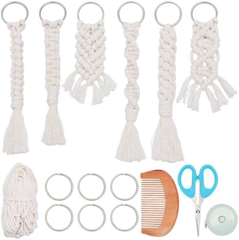 INFUNLY 6 Set DIY Macrame Keychain Kit White Macrame Keychain Kit for Adults Handmade Macrame Cord Knotting Kits with Tassel Mini Handmade Bag Charms Braiding with Instruction for Car Keys Ring by INFUNLY