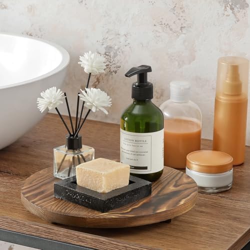 Round Decorative Tray Burnt Wood Bathroom Counter Organizer Pedestal Stand Farmhouse Kitchen Decor Wooden Riser for Soap Dish, Perfume, Candle, Sponge, 10" - Brown - Image 6
