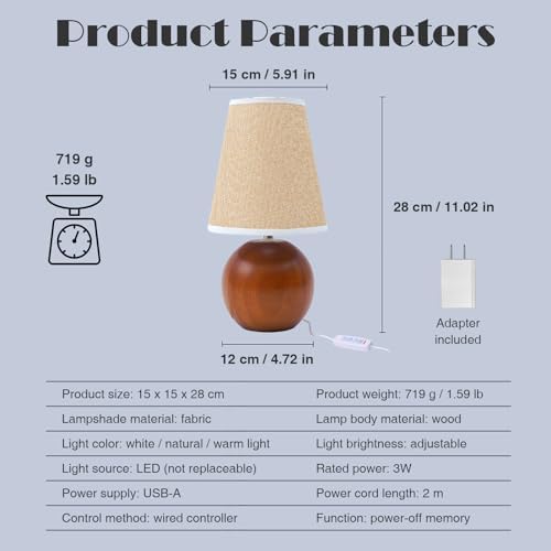 Vintage Wooden Night Lamp, Wood Base Fabric Lampshade, Adjustable Light Color and Brightness with Power-Off Memory, Safe USB Powered, Retro LED Table Light for Bedroom Living Room Office (Flax Yellow) - Image 6