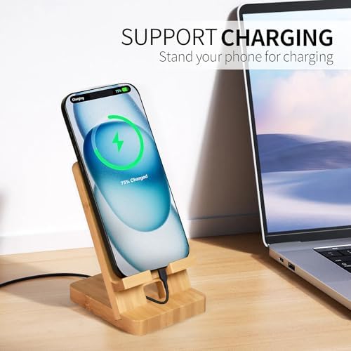 Wood Phone Stand, Desktop Wooden Phone Holder, Portable Office Phone Stand for Desk, Wood ipad Stand， Compatible with iPhone & All Cell Phones(Bamboo) - Image 5