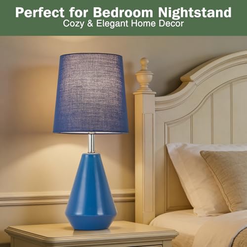 Small Bedside Table Lamp for Bedroom-Reading Desk Lamp Set of 2,with 3 Color Temperatures,15.5" Nightstand Ceramic Lamp with Fabric Shade for Kids Room,Living Room,Dorm,Home Office(Blue) - Image 3