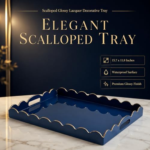 Gesodant Scalloped Glossy Plastic Lacquer Decorative Tray, 15.7 x 11.8 Inch Rectangle Serving Tray with Handles for Coffee Table, Ottoman, Bedroom Vanity, Living Room Centerpiece (Royal Blue & Gold) - Image 4