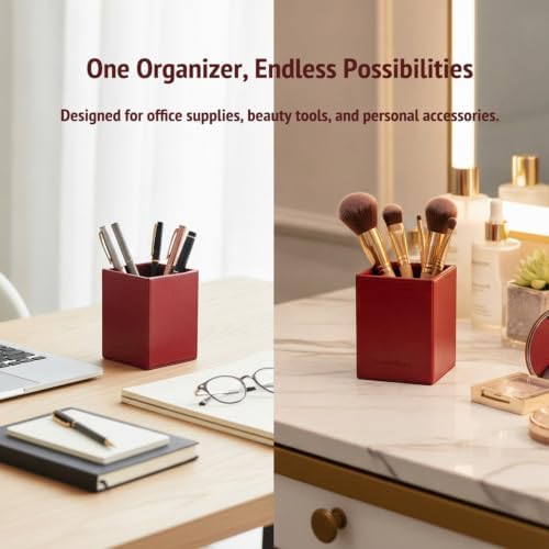 UnionBasic Square Pen Holder, Leather Pencil Cup, Desktop Caddy Stationery Organizer (Burgundy) - Image 3