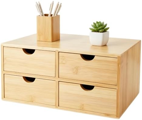Bamboo Desk Organizer 4 Drawers, Countertop Organizer with Drawers Makeup Storage Drawer 4 Drawers Tabletop Storage Organization Box Home Office Workspace by Charmewooden