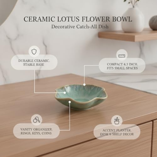 Ceramic Lotus Flower Dish for Jewelry Keys Coins, Decorative Catch-All Tray for Vanity Desk Shelf - Image 4