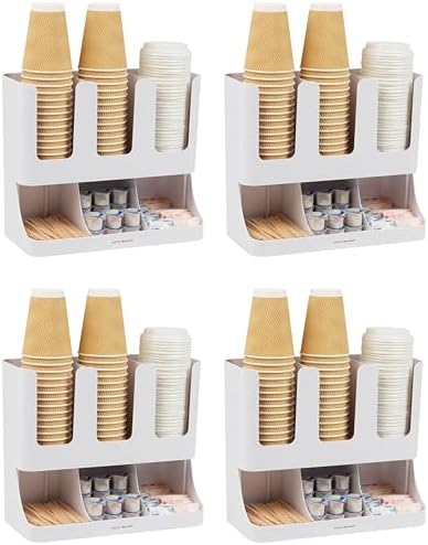 Mind Reader Cup and Condiment Station, 13 Inch Countertop Coffee Bar Organizer with 6 Compartments, Storage Caddy for Cups, Lids and Packets, Plastic, White 13" L x 6.4" W x 11.5" H (Pack of 4) by MindReader