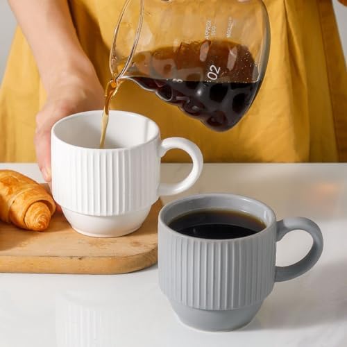 Hasense Stackable Coffee Mugs With Stand, 12 oz Stackable Coffee Cups Ceramic, Modern Ribbed Latte Cup Sets for Cappuccino, Tea, Espresso, Hot Cocoa, Drinks - Dishwasher & Microwave Safe, Grey - Image 6