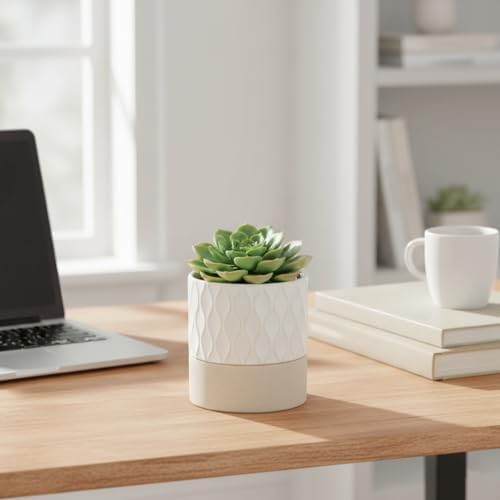 Nihow Self Watering Ceramic Plant Pot, 4.5 Inch, Cream White & Brown Net - Image 6