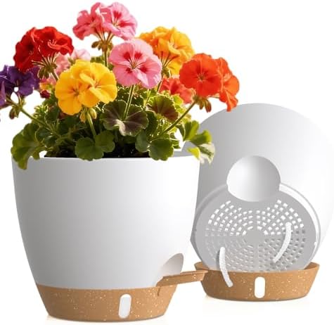 Self Watering Pots with Drainage Holes, 2 Pack 8 Inch Plant Pots with Water Level Indicator Deep Reservoir, Large Plastic Planter for Indoor Outdoor Plants - White Brown by KUGAZ
