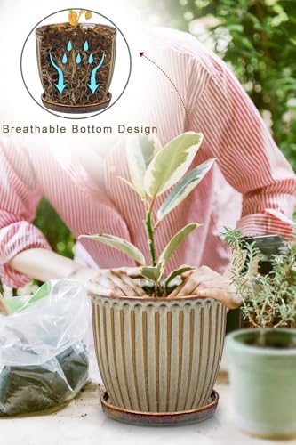 Oairse Ceramic Pots for Indoor Plants, 7.8 inch Pots for Plants Brown Planters with Drainage Holes and Saucers Texture Ceramic Planters Indoor Outdoor for Succulent - Image 4