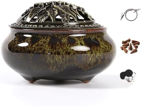 Incense Burner with Calabash Incense Stick Holder - Porcelain Charcoal Censer for Use with Resin Granular Powder Cone or Coil Incense (Fambe Green) by LamDawn