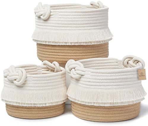 NaturalCozy 3-Piece Decorative Storage Basket Set – Cotton Rope Woven Baskets for Organizing! Small Basket for Nursery Baby Stuff, Gift Basket, Montessori, Dog Toy Bin, Cat Basket, Bathroom Shelves by NaturalCozy