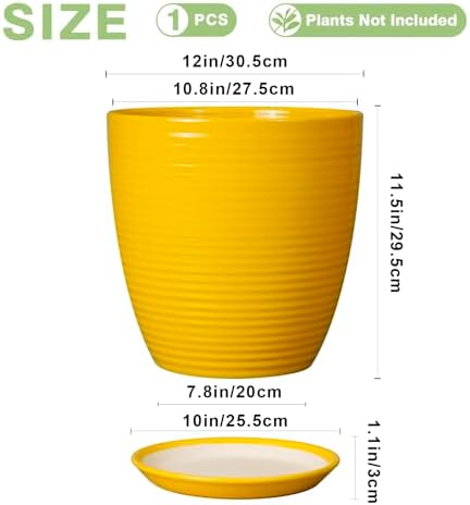 12 Inch Pots for Plants - Ceramic Planter for Indoor Plants Large Plant Pot with Drainage Hole and Saucer Round Outdoor Flower Pot for Garden Home Patio Office Yellow - Image 3