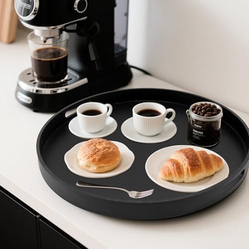 19.6" Extra Large Round Wooden Decorative Tray with Handles,Black - Image 2