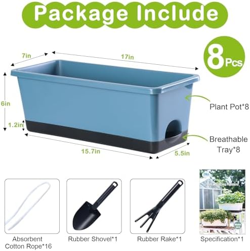 Oliz Window Box Planter 8 Pcs, 17 Inches Rectangle Flower Pots with Drainage Holes and Trays, Vegetable Planters for Windowsill Patio Garden Balcony Home Porch Yard Indoor Outdoor (Blue) - Image 5