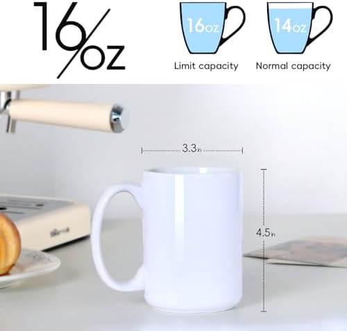 15 OZ Coffee Mug, Classic Blank Ceramic Cup with Large Handle for Tea Latte Cappuccino, White - Image 2