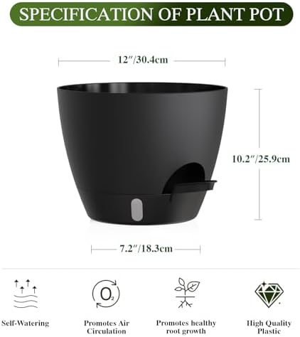 Plant Pots, 1 Pack 12 Inch Self Watering Pots with Drainage Holes, Water Level Indicator Deep Reservoir, Large Planters for Indoor Outdoor Plants - Black - Image 2