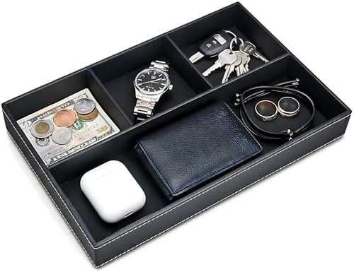 Leather Valet Organizer Nightstand & Dresser Storage Tray (Black) by AUMISKY