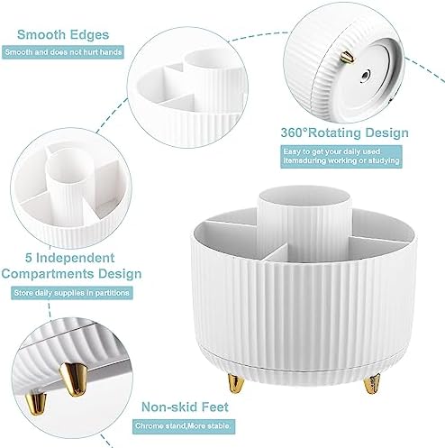 Cayxenful Pencil Holder For Desk,5 Slots 360°Degree Rotating Desk Organizers And Accessories,Desktop Storage Stationery Supplies Organizer, Cute Pencil Cup Pot For Office, School, Home (B-White) - Image 2