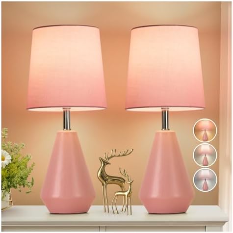Small Bedside Table Lamp for Bedroom-Reading Desk Lamp Set of 2,with 3 Color Temperatures,15.5" Nightstand Ceramic Lamp with Fabric Shade for Kids Room,Living Room,Dorm,Home Office(Pink) by Illuminatingyoumeandhim