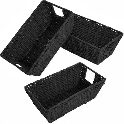 Paper Rope Storage Baskets for Shelves Organizing, Small Hand Woven Wicker Organizer Basket with Handle for Bathroom Toilet Paper Storage, Black, 3-Pack by homyfort