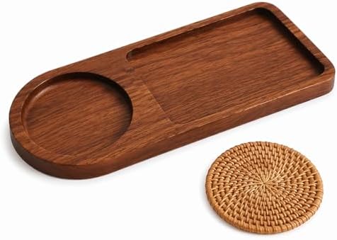Wooden Coffee Cup Tray with Coaster Holder, Solid Cassia Wood Tea Tray with Snack Section, Cup and Snack Serving Tray for Desk, Bedside, Coffee Table by TYNUOCN