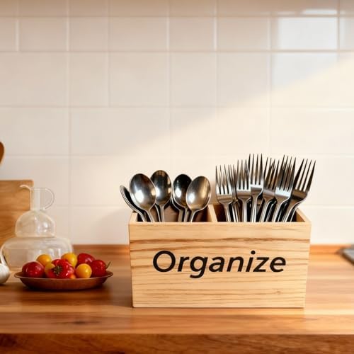 Dlounery Small Wooden Organizer Box (6.3in) for Desk and Kitchen Countertop, Double-grid Desktop Organizer with "Organize" Print, Wood Grain Small Storage box for Utensils, Office Supplies - Image 4