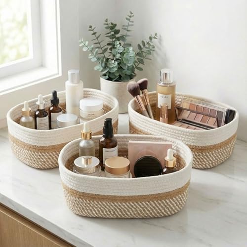 Beautiful Storage Basket Set of 3 - Sturdy Rope Baskets for Shelves by ZICOTO