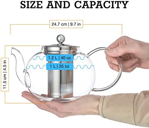 Kitchen Kite Glass Teapot Set with 4 Double Wall Tea Cups & Removable Stainless Steel Infuser, 35oz/1000ml Borosilicate Tea Kettle Stovetop Safe, Loose Leaf & Blooming Tea Maker Gift Set for Women - Image 5