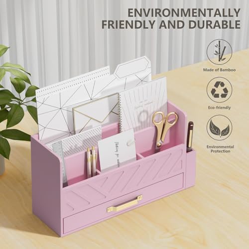Bamboo Mail Organizer Countertop Pen Holder Wooden Desktop Storage Drawers - Image 6