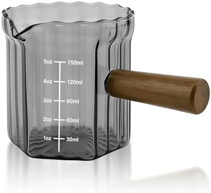 Espresso Measuring Cup 5 Oz, Espresso Glass Cups with Wood Handle, Milk Frothing Cup, Espresso Cup for Coffee, Milk, Tea or Maple Syrup Serving (Gray, 5 oz) by Unknown