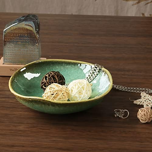 8" Green Ceramic Decorative Bowl, Reactive Glaze Stoneware - Image 3