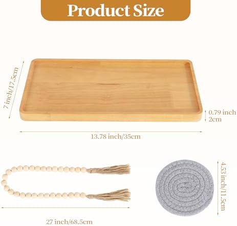 Wooden Candle Tray Holder 14 * 7 * 0.8 Inch Rectangular Decorative Serving Trays for Coffee Table Centerpiece Home Decor Wood Table Tray for Kitchen Counter with Beads Decor and 2 Coasters - Image 4