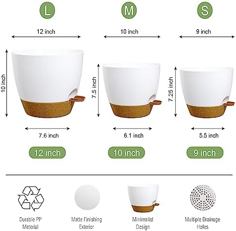 UOUZ Large Self Watering Pots, 12/10/9 Plastic Planters with High Drainage Holes and Deep Reservoir for Indoor Outdoor Garden Plants and Flowers, White with Brown - Image 3