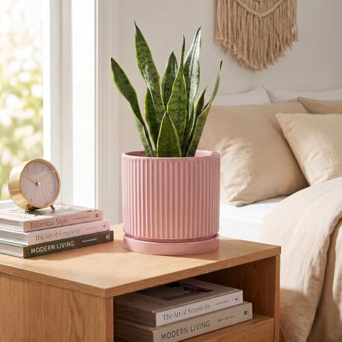 6 Inch Ceramic Flower Pots, Round Plant Pots with Saucer, Pink - Image 4
