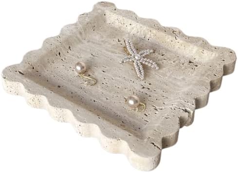 Vintage Natural Marble Tray Small Ornaments Scalloped Tray Handmade Storage Dish for Counter, Vanity, Dresser, Nightstand and Desk (Beige Travertine) - Image 2